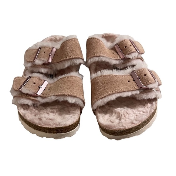 Birkenstock Arizona Shearling Slide Sandals Pink Size 5 Suede Buckle Slip On - Picture 3 of 11